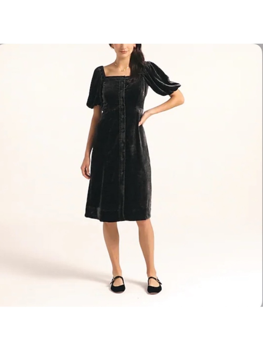 NWT J. Crew Black Velvet Square-Neck Midi Dress with Puff Sleeves